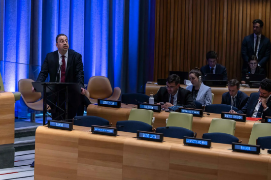 一位身着深色西装、浅蓝色衬衫并佩戴酱红色领带的男士，在联合国讲台前发言，其左侧坐着来自四个国家的代表。