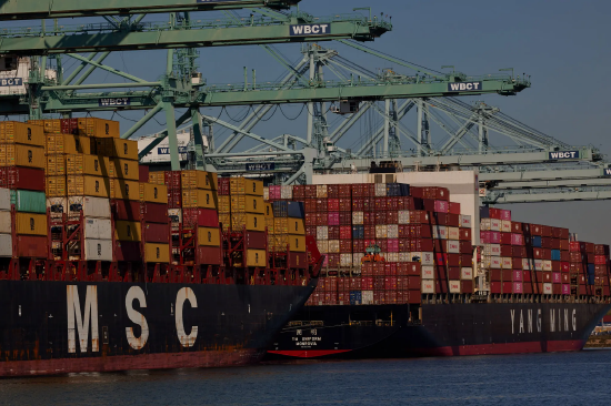 港口内停泊着两艘集装箱货轮，一艘印有地中海航运公司（MSC）标识，另一艘则为阳明海运，船上堆满五颜六色的集装箱。